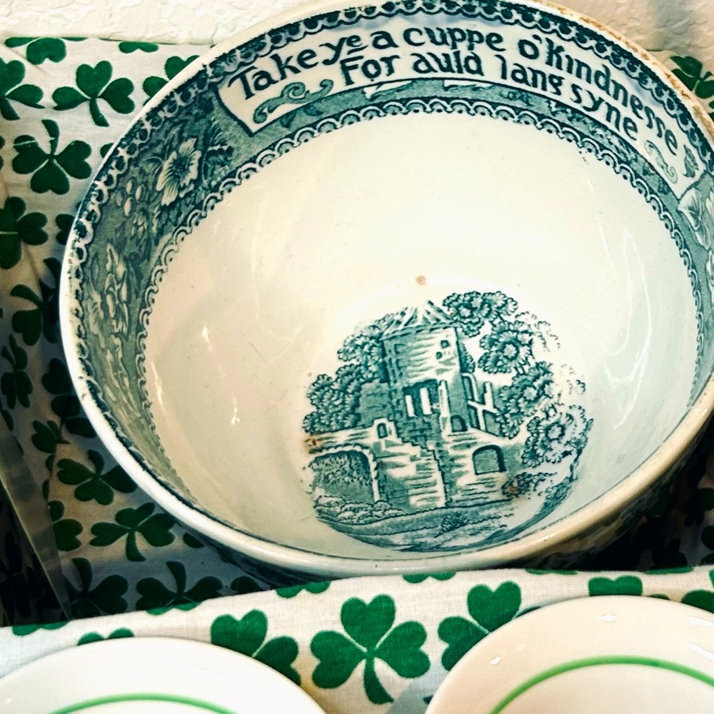 Vintage Irish Coffee set, porcelain transferware bowl, shamrock basket bundle
